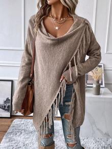 EMERY ROSE Women Fringe Trim Draped Collar Wrap Cardigan Asymmetrical Long Sleeve Sweater,Khaki Casual Autumn Date Elegant Fall Winter Clothes - Khaki - View 9