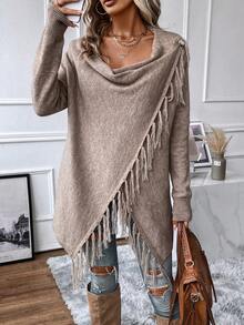 EMERY ROSE Women Fringe Trim Draped Collar Wrap Cardigan Asymmetrical Long Sleeve Sweater,Khaki Casual Autumn Date Elegant Fall Winter Clothes - Khaki - View 8