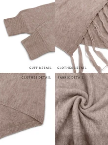 EMERY ROSE Women Fringe Trim Draped Collar Wrap Cardigan Asymmetrical Long Sleeve Sweater,Khaki Casual Autumn Date Elegant Fall Winter Clothes - Khaki - View 5
