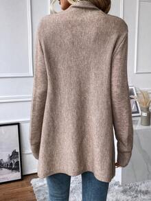 EMERY ROSE Women Fringe Trim Draped Collar Wrap Cardigan Asymmetrical Long Sleeve Sweater,Khaki Casual Autumn Date Elegant Fall Winter Clothes - Khaki - View 2
