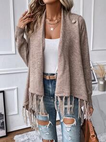 EMERY ROSE Women Fringe Trim Draped Collar Wrap Cardigan Asymmetrical Long Sleeve Sweater,Khaki Casual Autumn Date Elegant Fall Winter Clothes - Khaki - View 7