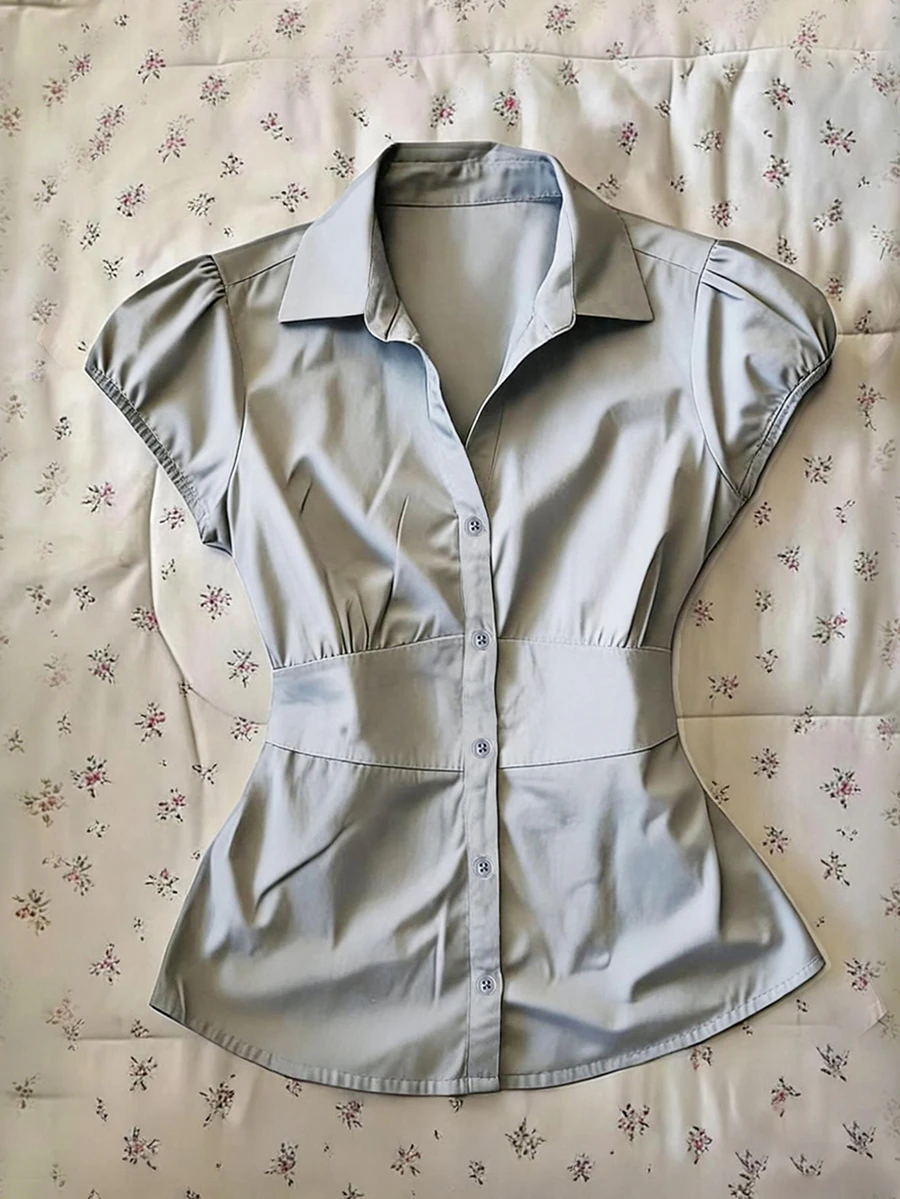 IslaSuriya Women's Solid Color Pleated Casual Versatile Daily Wear Blouse - Grey - View 1
