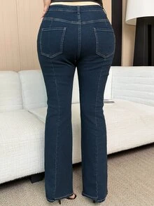 Dazy Plus 復古水洗藍色彈性緊身性感極簡風喇叭牛仔褲，辣妹褲，大尺碼女款四季丹寧秋季 - 深色水洗藍 - 查看 6