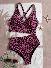 Swim Basics 2 件套女士夏季海滩度假豹纹 V 领分体式泳衣短款上衣和分体式泳衣套装 - 彩色 - 查看 3