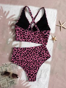 Swim Basics 2 件套女士夏季海滩度假豹纹 V 领分体式泳衣短款上衣和分体式泳衣套装 - 彩色 - 查看 2