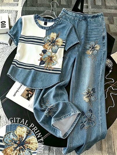 Resyla Women's Floral Print Round Neck Short Sleeve T-Shirt And Pants Casual 2-Piece Set