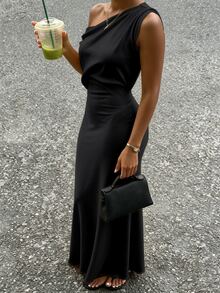 SHEIN PariChic Women's Solid Color Asymmetric Neck Casual Party Dress - Black - View 5