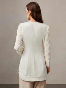 Zovinel Off-White 3D花卉圖案復古法式飄逸浪漫優雅輕量夾克 秋冬老錢風女士風格 派對下午茶晚宴 - 杏色 - 查看 2
