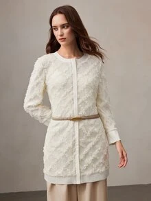 Zovinel Off-White 3D花卉圖案復古法式飄逸浪漫優雅輕量夾克 秋冬老錢風女士風格 派對下午茶晚宴 - 杏色 - 查看 4