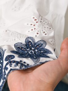 CosyJoli 大尺碼女款鏤空刺繡長袖單排扣休閒優雅襯衫，秋季正式晚裝晨裝，全白 - 藍白色 - 查看 12