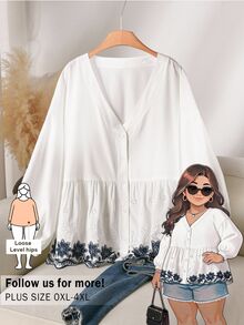 CosyJoli 大尺碼女款鏤空刺繡長袖單排扣休閒優雅襯衫，秋季正式晚裝晨裝，全白 - 藍白色 - 查看 10