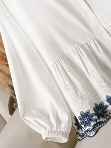 CosyJoli 大尺碼女款鏤空刺繡長袖單排扣休閒優雅襯衫，秋季正式晚裝晨裝，全白 - 藍白色 - 查看 6