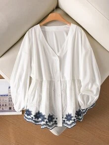 CosyJoli 大尺碼女款鏤空刺繡長袖單排扣休閒優雅襯衫，秋季正式晚裝晨裝，全白 - 藍白色 - 查看 8