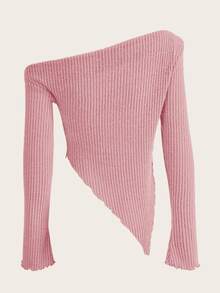SHEIN ICON Y2K復古不對稱領口萵苣邊褶皺T卹 - 淺粉色 - 查看 2