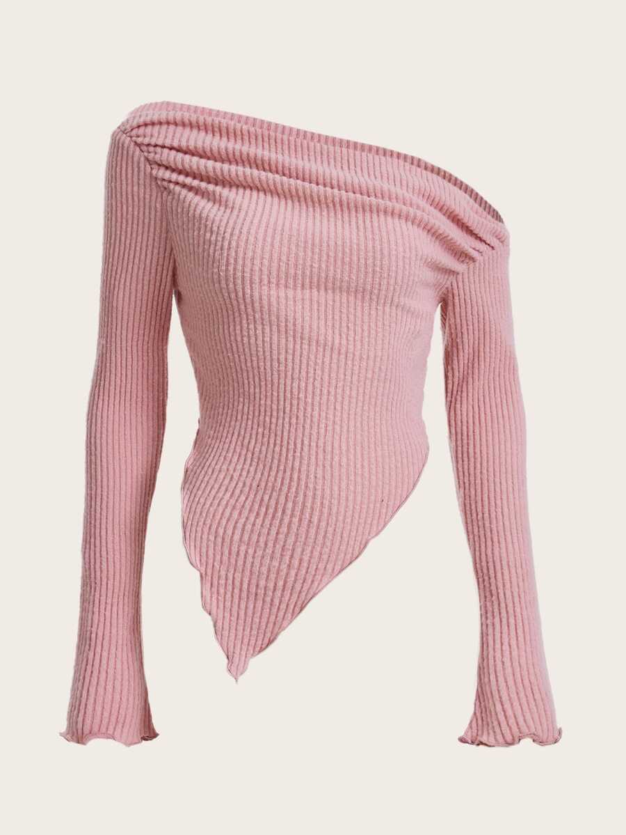 SHEIN ICON Y2K復古不對稱領口萵苣邊褶皺T卹 - 淺粉色 - 查看 1