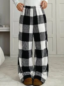 SHEIN 青少年女孩長袖秋季服飾 秋冬休閒百搭日常穿著 黑白格紋撞色寬鬆抓絨長褲 - 黑與白 - 查看 1