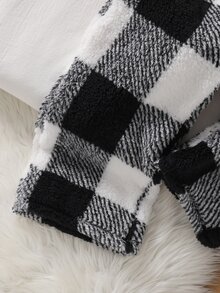 SHEIN 青少年女孩長袖秋季服飾 秋冬休閒百搭日常穿著 黑白格紋撞色寬鬆抓絨長褲 - 黑與白 - 查看 5