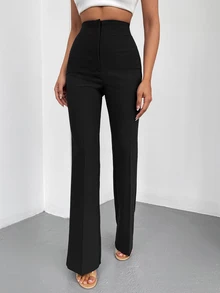 SHEIN بنطلون طويل أسود سادة بقصة أرجل واسعة كاجوال أنيق وراقي رسمي شتوي للمكتب - الأسود - مشاهدة 6