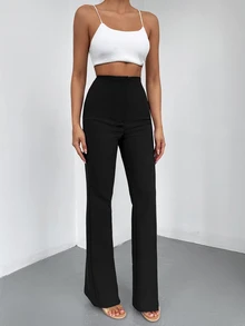 SHEIN بنطلون طويل أسود سادة بقصة أرجل واسعة كاجوال أنيق وراقي رسمي شتوي للمكتب - الأسود - مشاهدة 5