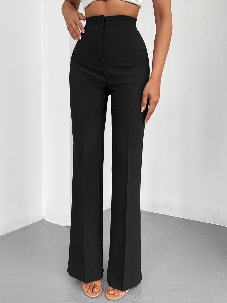 SHEIN بنطلون طويل أسود سادة بقصة أرجل واسعة كاجوال أنيق وراقي رسمي شتوي للمكتب - الأسود - مشاهدة 1