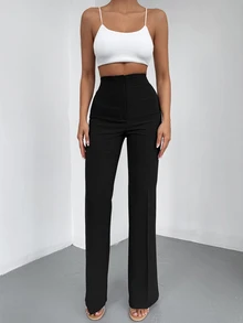 SHEIN بنطلون طويل أسود سادة بقصة أرجل واسعة كاجوال أنيق وراقي رسمي شتوي للمكتب - الأسود - مشاهدة 3