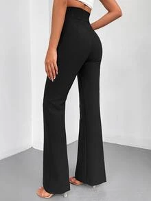 SHEIN بنطلون طويل أسود سادة بقصة أرجل واسعة كاجوال أنيق وراقي رسمي شتوي للمكتب - الأسود - مشاهدة 2