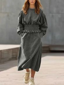 SHEIN Solid Elastic Ruffle Trim Lantern Sleeve Top & Skirt Set - Grey - View 4