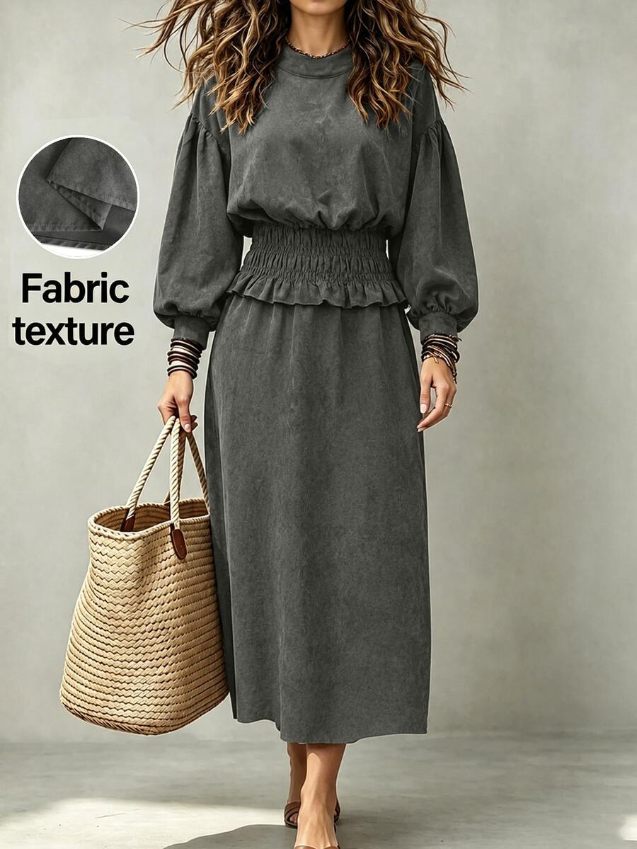 SHEIN Solid Elastic Ruffle Trim Lantern Sleeve Top & Skirt Set