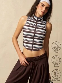 VARSIVA 女款時尚棕色條紋拼色拉鍊短版運動休閒運動風背心，適合健身房與夏季穿著 - 彩色 - 查看 9