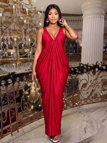 SOLERSUN Plus-Size Women's Deep V-Neck Bodycon Dress Suitable For Party Wedding Guest, Formal, And Gathering Occasions. Red Fall Elegant Holiday Party - Burgundy - View 3