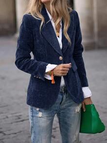 LUMIGAL Women's Elegant Navy Blue Velvet Blazer, Button‑Decorated Autumn Winter Jacket For Commute Business Party Saudi National Day - Royal Blue - View 4