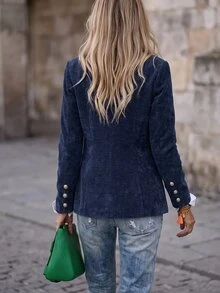 LUMIGAL Women's Elegant Navy Blue Velvet Blazer, Button‑Decorated Autumn Winter Jacket For Commute Business Party Saudi National Day - Royal Blue - View 2