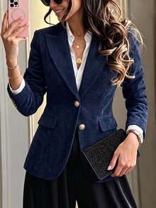 LUMIGAL Women's Elegant Navy Blue Velvet Blazer, Button‑Decorated Autumn Winter Jacket For Commute Business Party Saudi National Day - Royal Blue - View 8