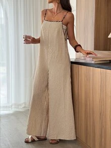 Louniche Regular Size Spring & Summer Jumpsuit, Khaki & White Striped Linen-Blend Cami Jumpsuit, Leopard Trim Sleeveless Wide Leg Overalls, Casual Streetwear & Vacation Wear - Multicolor - View 7
