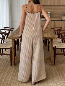 Louniche Regular Size Spring & Summer Jumpsuit, Khaki & White Striped Linen-Blend Cami Jumpsuit, Leopard Trim Sleeveless Wide Leg Overalls, Casual Streetwear & Vacation Wear - Multicolor - View 2