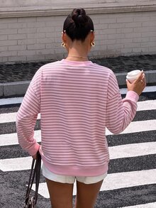 Muchica 休閒街頭風極簡粉色格紋多巴胺圖案圓領長袖寬鬆衛衣，適合夏季、秋季日常通勤穿著 - 彩色 - 查看 2