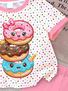 SHEIN Baby Girl Casual Cute Donut Pattern, Colorful Polka Dot Print, Vacation Style, Short Sleeve Shorts Two,One Random Set Piece Total Of 3 Sets - Multicolor - View 7