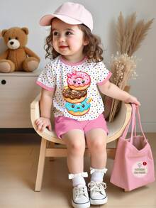 SHEIN Baby Girl Casual Cute Donut Pattern, Colorful Polka Dot Print, Vacation Style, Short Sleeve Shorts Two,One Random Set Piece Total Of 3 Sets - Multicolor - View 2