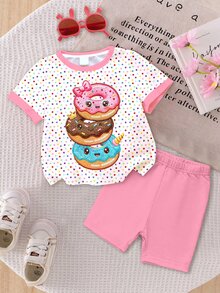 SHEIN Baby Girl Casual Cute Donut Pattern, Colorful Polka Dot Print, Vacation Style, Short Sleeve Shorts Two,One Random Set Piece Total Of 3 Sets - Multicolor - View 3