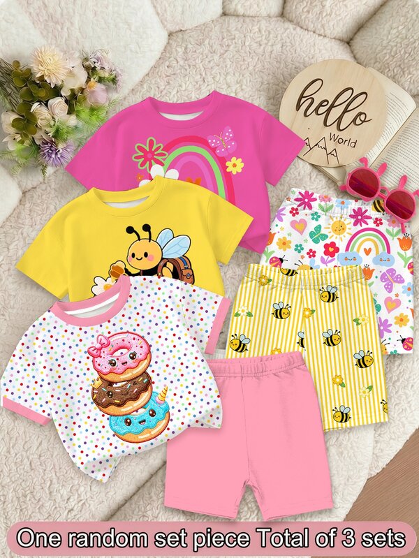 SHEIN Baby Girl Casual Cute Donut Pattern, Colorful Polka Dot Print, Vacation Style, Short Sleeve Shorts Two,One Random Set Piece Total Of 3 Sets
