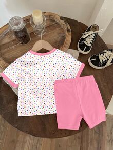 SHEIN Baby Girl Casual Cute Donut Pattern, Colorful Polka Dot Print, Vacation Style, Short Sleeve Shorts Two,One Random Set Piece Total Of 3 Sets - Multicolor - View 4