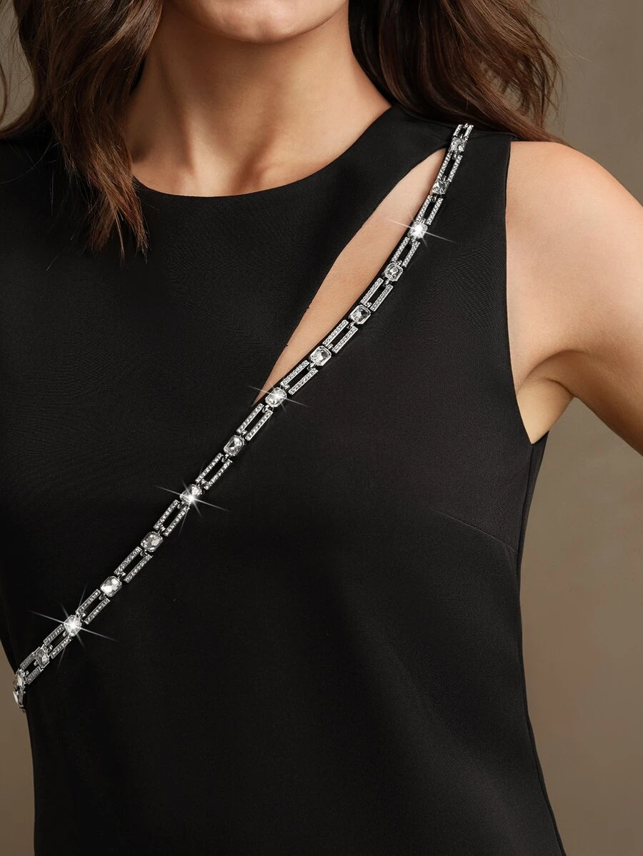 Anewsta Elegant Chic High-End Luxury Design Hollow Chain Long Sleeve Slit Fitted Dress, Suitable For Wedding Guest, Party, Valentine, Black - Black - View 1