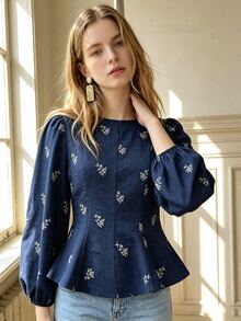 SHEIN 秋冬優雅收腰花瓣袖女式襯衫，修身圓領休閒上衣，特殊工藝印花女裝，適合外出與辦公通勤 - 藏蓝色 - 查看 6