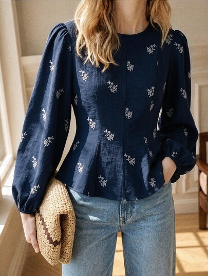 SHEIN Autumn/Winter Elegant Waist-Cinched Petal Sleeve Blouse, Slimming Round Neck Casual Women's Top, Special Craft Print Women's Clothing, Suitable For Outings And Office Commute