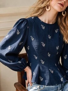 SHEIN 秋冬優雅收腰花瓣袖女式襯衫，修身圓領休閒上衣，特殊工藝印花女裝，適合外出與辦公通勤 - 藏蓝色 - 查看 8