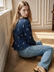 SHEIN 秋冬優雅收腰花瓣袖女式襯衫，修身圓領休閒上衣，特殊工藝印花女裝，適合外出與辦公通勤 - 藏蓝色 - 查看 3