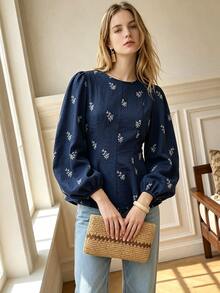 SHEIN 秋冬優雅收腰花瓣袖女式襯衫，修身圓領休閒上衣，特殊工藝印花女裝，適合外出與辦公通勤 - 藏蓝色 - 查看 5