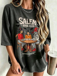 DrmWander 女款 Salem Book Club 圖案圓領短袖 T-Shirt，復古女巫骷髏蝙蝠印花，寬鬆休閒，萬聖節復古 Y2K 灰色夏季款 - 深灰色 - 查看 1