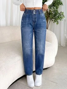 SHEIN Tall 女款休閒簡約水洗錐形牛仔褲 牛仔女裝 回校季 辦公室 日常上學穿搭 水藍色 夏季 - 藍色 - 查看 6