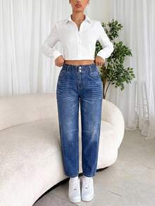 SHEIN Tall 女款休閒簡約水洗錐形牛仔褲 牛仔女裝 回校季 辦公室 日常上學穿搭 水藍色 夏季 - 藍色 - 查看 7